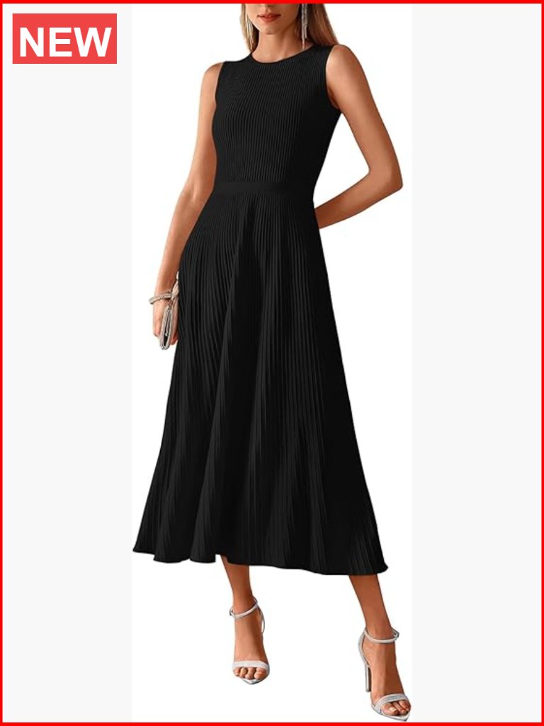 Sleeveless Pleated A-Line Knit Dress Midi Crewneck Business Casual